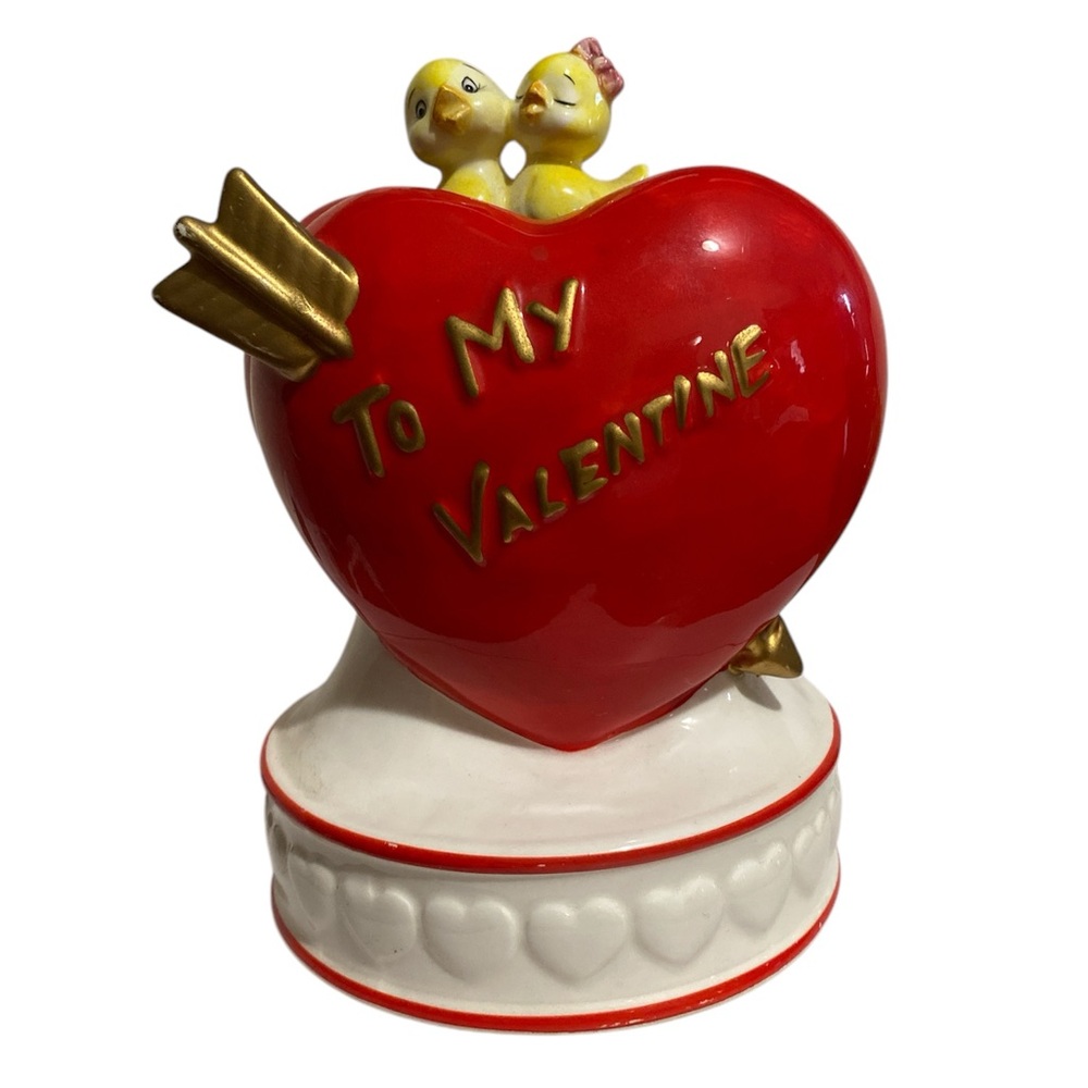 HTF Vintage Ebeling & Reuss To My Valentine Music Box Yellow Moving Birds Heart